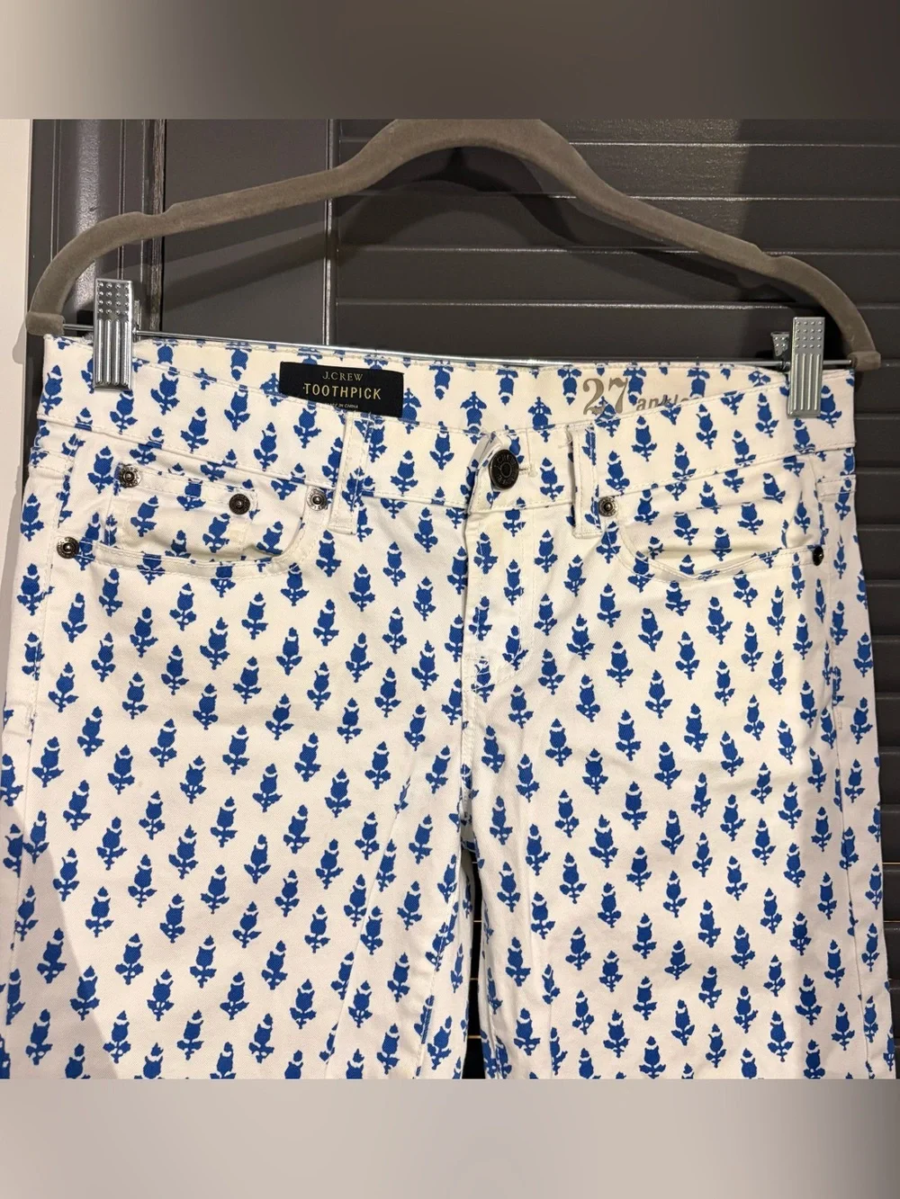 J. Crew White Skinny Jeans with Blue Floral Print